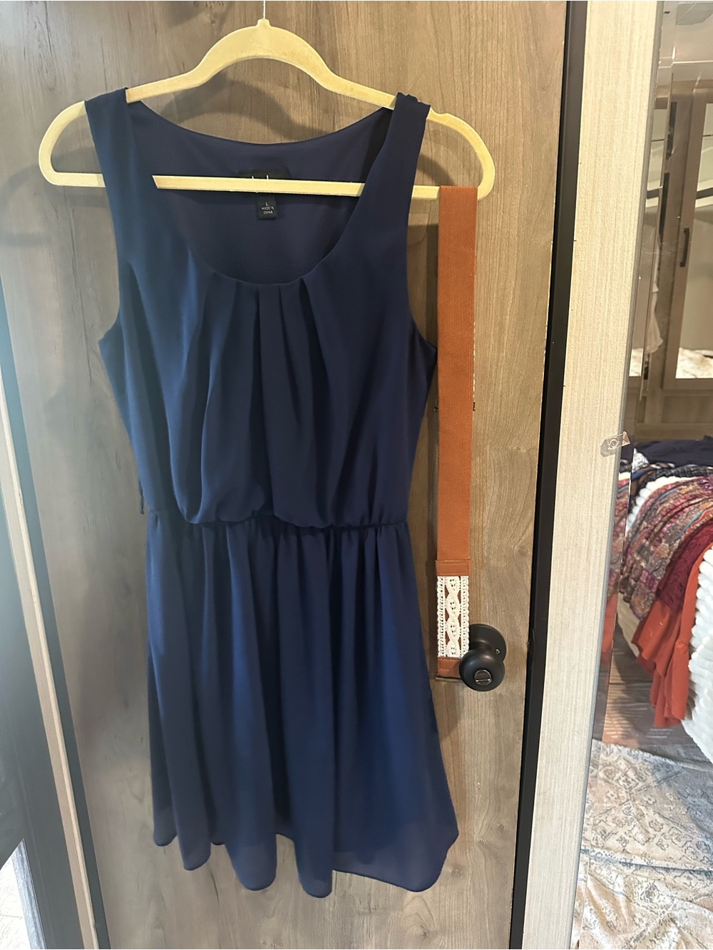 by & by Navy Blue Chiffon Dress Size L Belted Fit & Flare